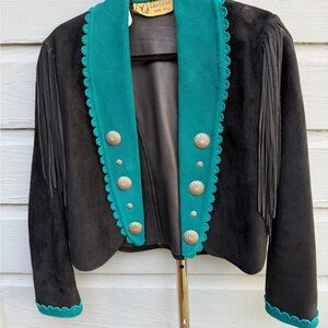 Turquoise and Black Women's Jacket with Fringe